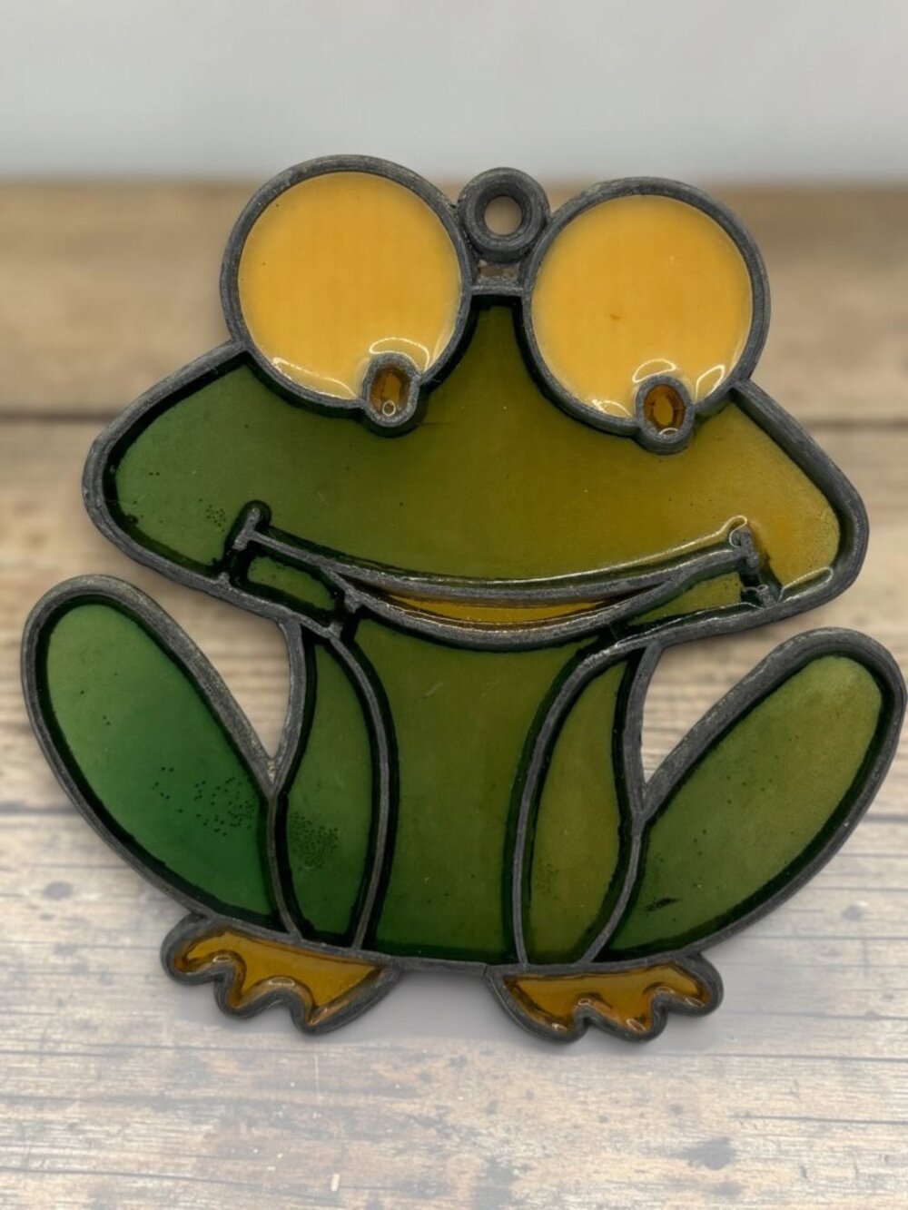 Vintage Stained Glass Frog Suncatcher Hanging Decor With Green & Yellow Design F